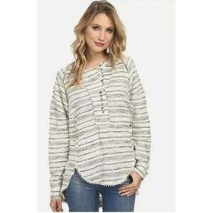 Free People Henley Hideaway Tunic Top Large Striped Button Pom Pom Trim Natural